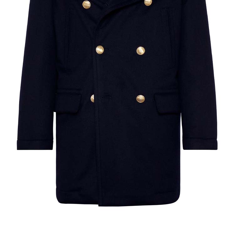 Sizing Brunello Cucinelli SS24 Mantel Biru Navy Double-Breasted dengan Kerah Bulu. MM4006341-CUS09