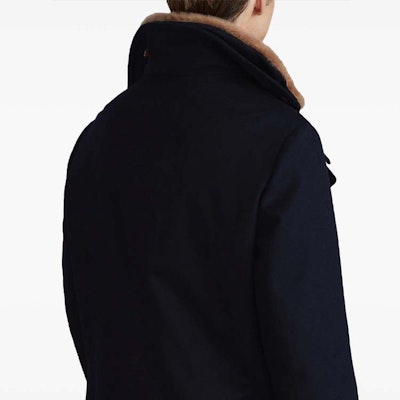 Brunello Cucinelli SS24 Mantel Biru Navy Double-Breasted dengan Kerah Bulu. MM4006341-CUS09 Cheap Brunello Cucinelli SS24 Mantel Biru Navy Double-Breasted dengan Kerah Bulu. MM4006341-CUS09