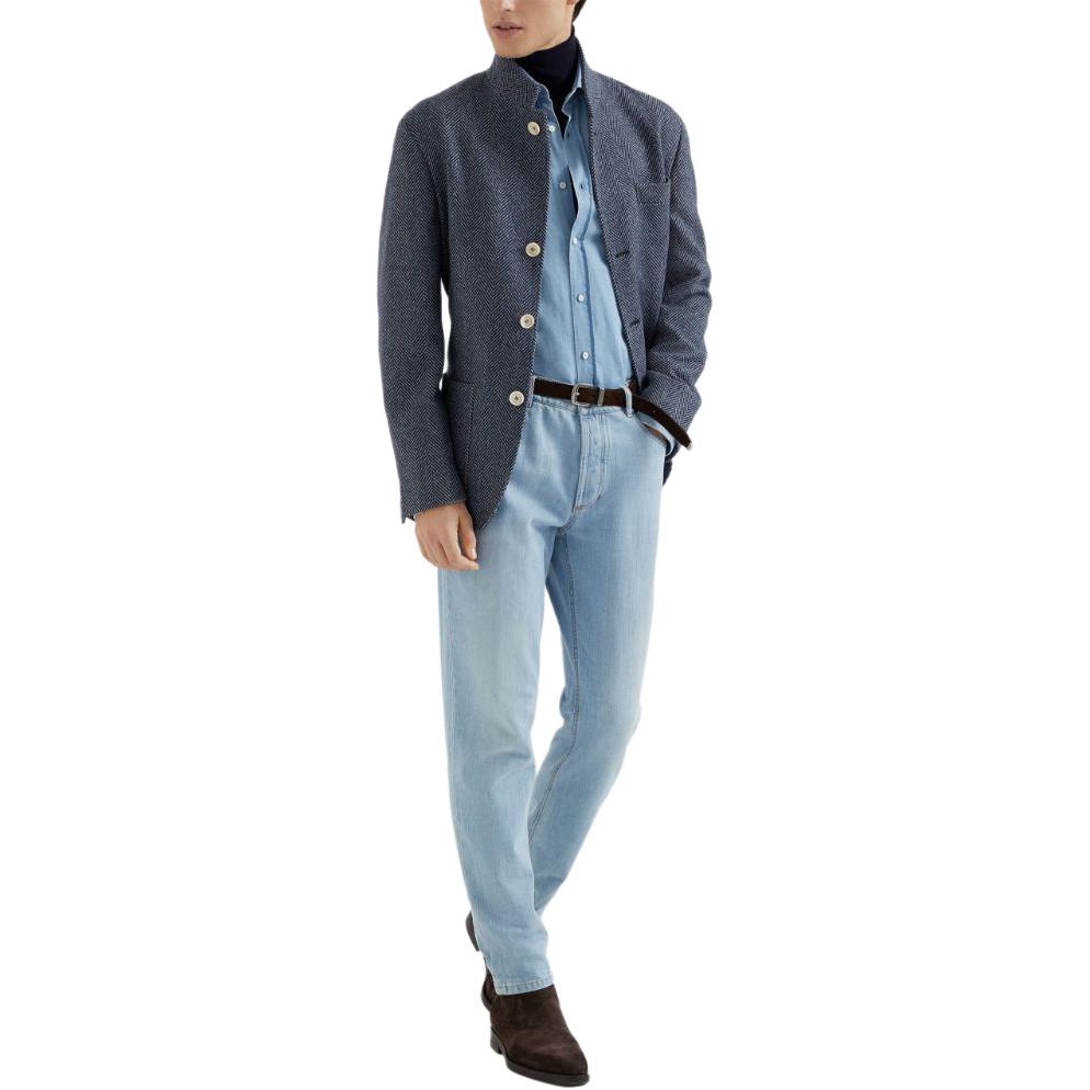 Lookbook Brunello Cucinelli SS24 Chaqueta Azul Marino Impermeable de Herringbone Casual MY4436265C131