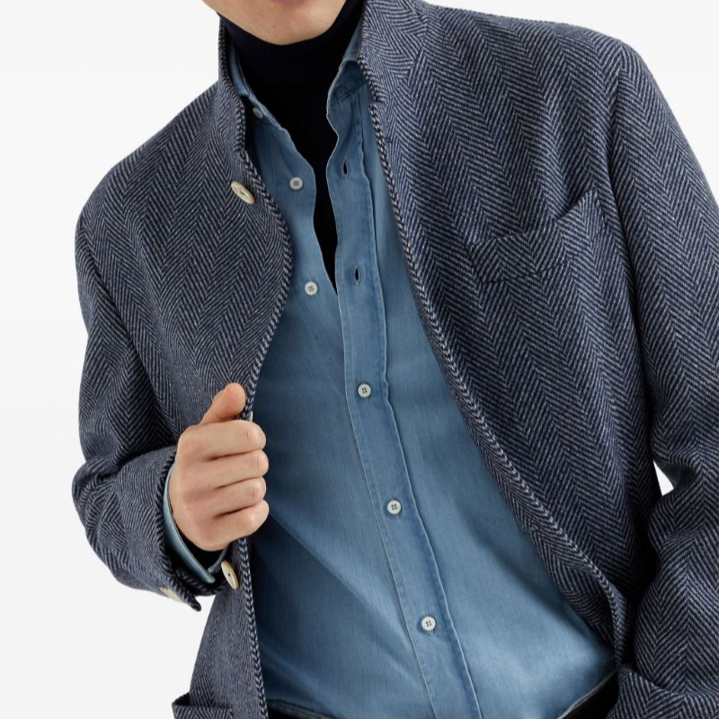 Purchase Brunello Cucinelli SS24 Chaqueta Azul Marino Impermeable de Herringbone Casual MY4436265C131