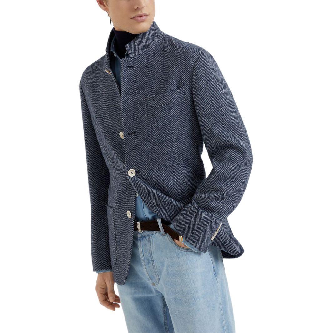 Sizing Brunello Cucinelli SS24 Chaqueta Azul Marino Impermeable de Herringbone Casual MY4436265C131
