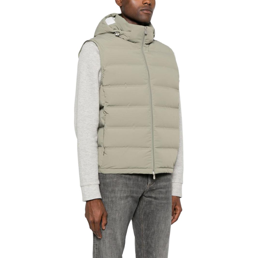 Shop 브루넬로 쿠치넬리 SS24 올리브 그린 슬리브리스 후드 탈착 다운 베스트 MM4911995-CUX55