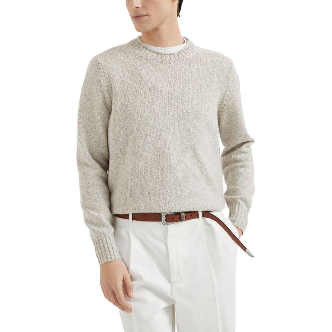 Shop Brunello Cucinelli SS24 淺米色羅紋圓領毛衣 M26504700-C4145