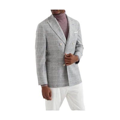 Brunello Cucinelli SS24 Single-Breasted Plaid Blazer Pearl Gray. MY4667BBD-C001