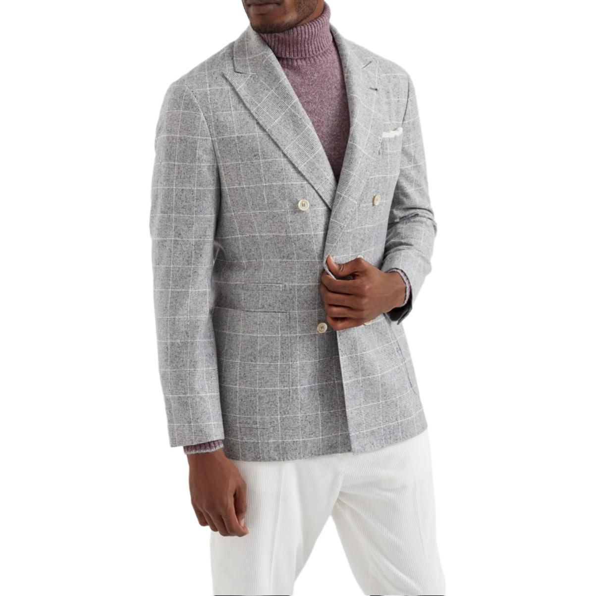 Order Brunello Cucinelli SS24 單排扣格紋西裝外套 珍珠灰色。 MY4667BBD-C001