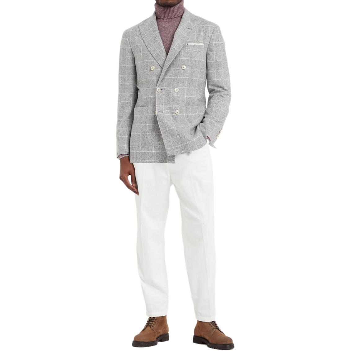 Lookbook Brunello Cucinelli SS24 單排扣格紋西裝外套 珍珠灰色。 MY4667BBD-C001