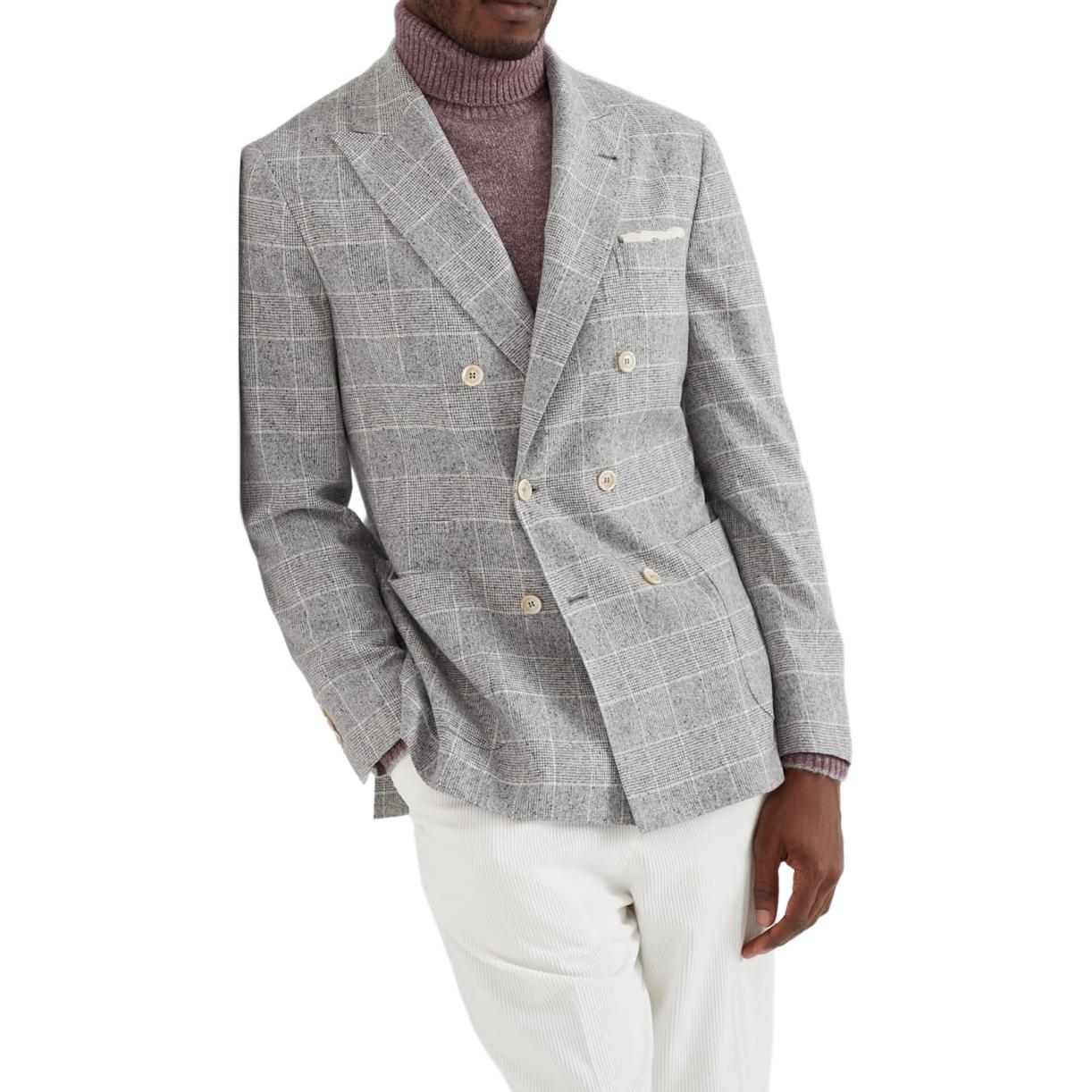 Shop Brunello Cucinelli SS24 單排扣格紋西裝外套 珍珠灰色。 MY4667BBD-C001