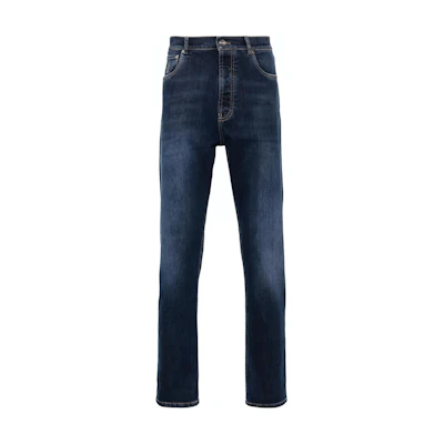 Brunello Cucinelli SS24 Slim Fit Straight-Leg Logo Jeans Indigo Blue. M283PO1090-C1468