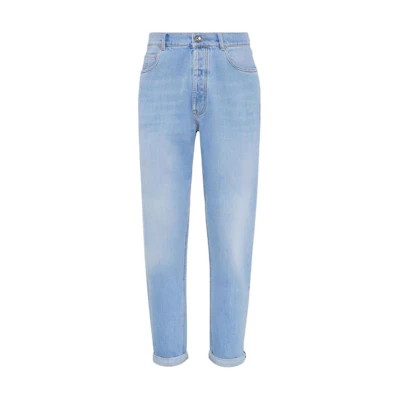 Brunello Cucinelli SS24 Tapered Blue Jeans with Zippered Side Pockets. M074PO1090-C1469