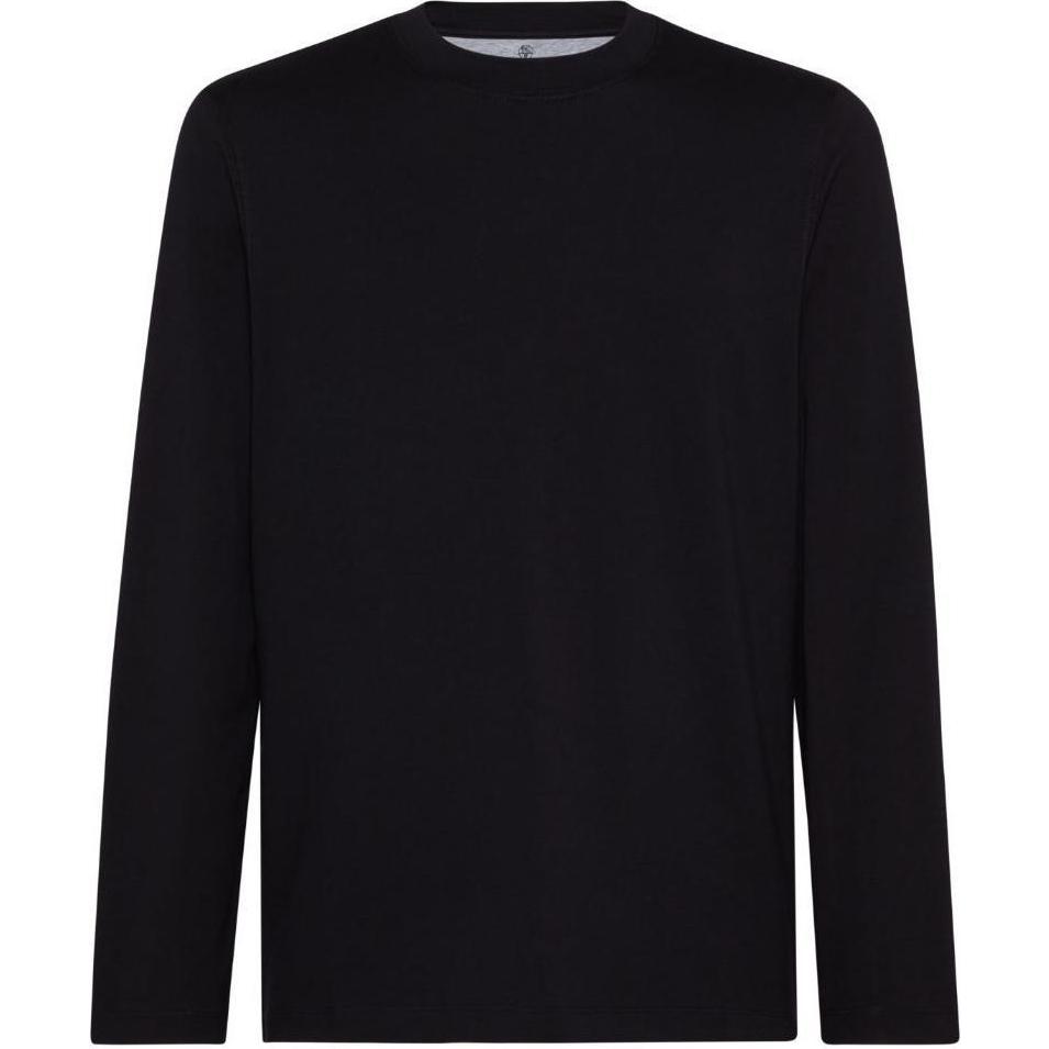 Brunello Cucinelli SS24 Black Ribbed Crewneck Long-Sleeve Tee Shirt M0B137407-C101