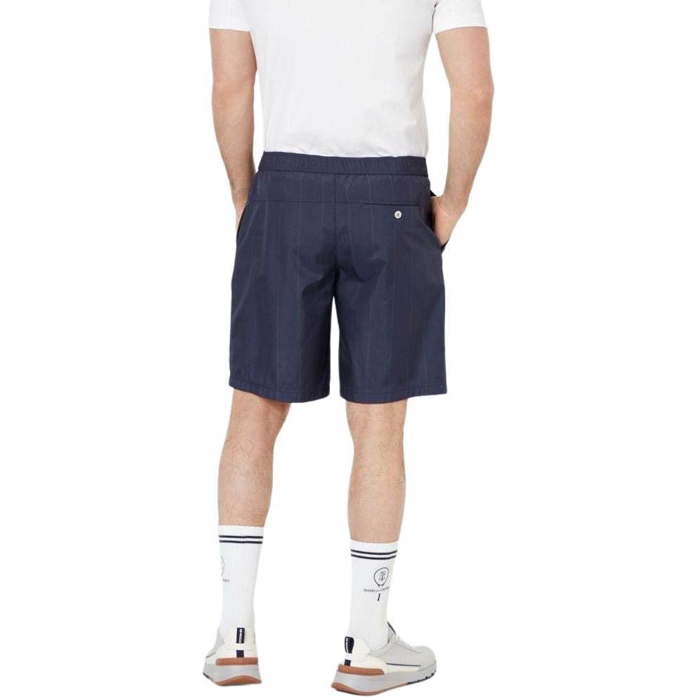 Shop Brunello Cucinelli SS24 Seluar Pendek Lelaki Biru Berjalur dengan Logo Patch. MB4173387T-CWY67