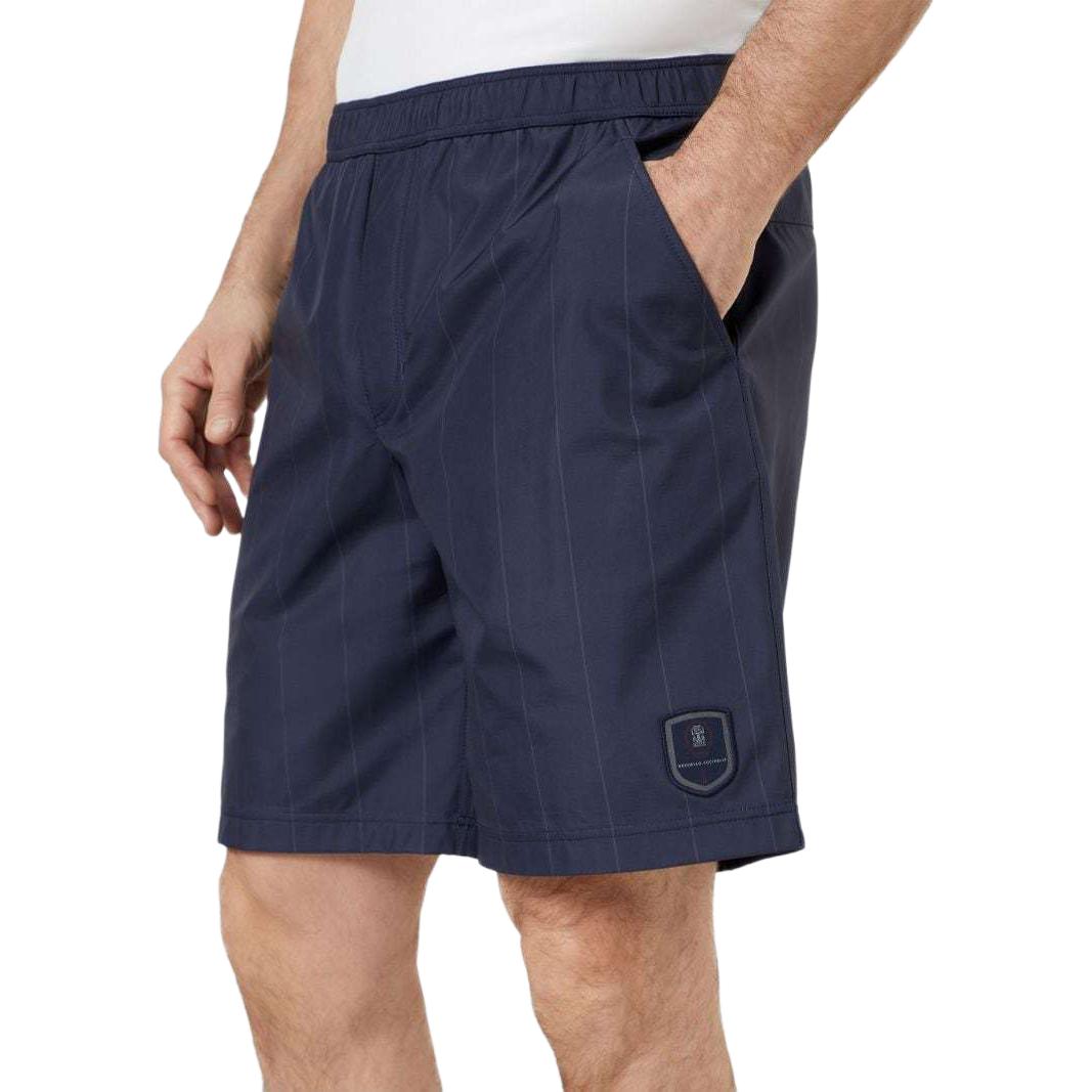 Details for Brunello Cucinelli SS24 Seluar Pendek Lelaki Biru Berjalur dengan Logo Patch. MB4173387T-CWY67