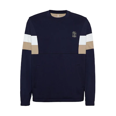 Brunello Cucinelli SS24 Colorblock Letter Print Crewneck Sweatshirt Blue Mens MW8369027G-CCB42