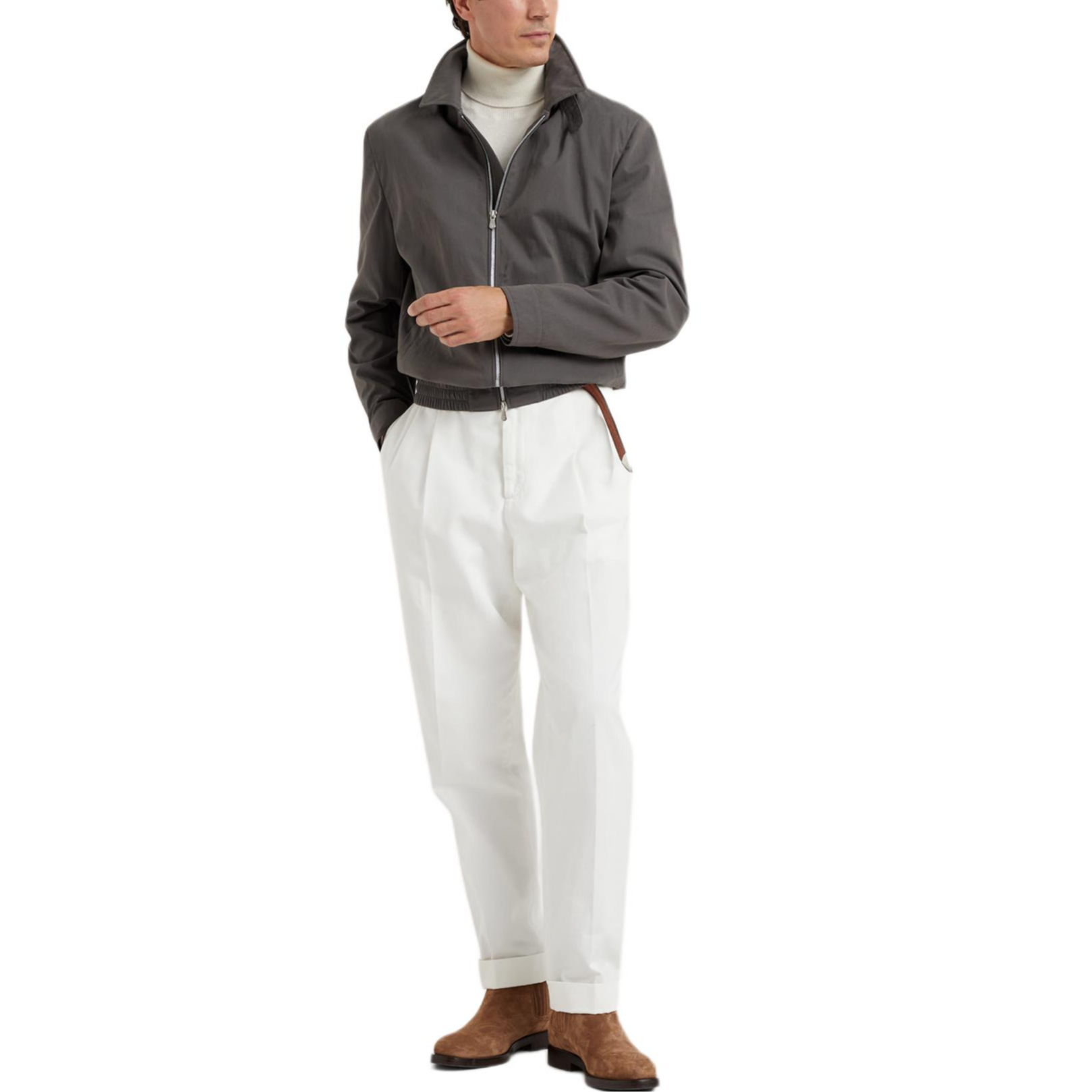 Brunello Cucinelli SS24 Grey Zip-Up Collar Long-Sleeve Bomber Jacket MY4646205-CCL53