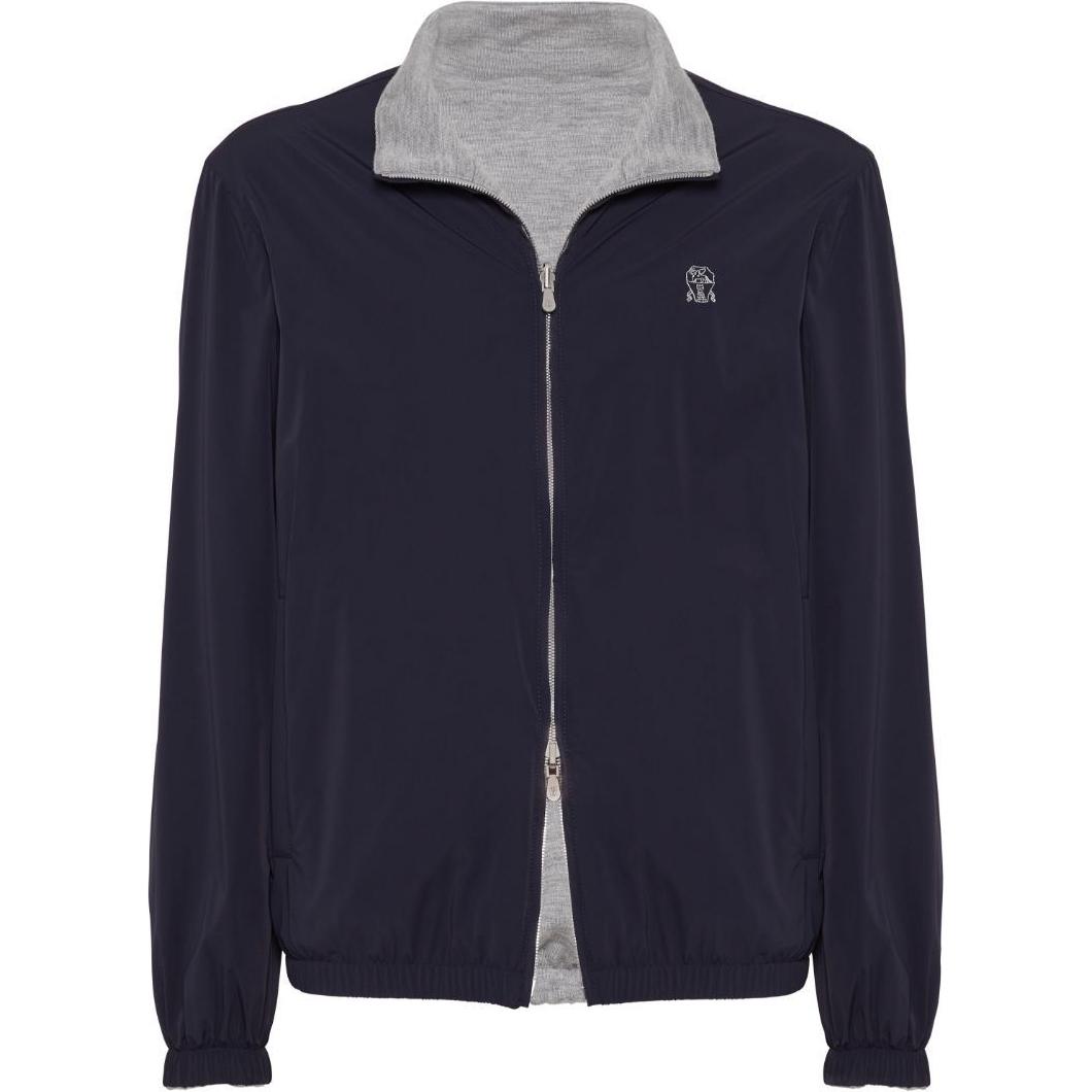 Order Brunello Cucinelli SS24 Jaket Lelaki Logo Leher Tinggi Kalis Air Biru Gelap. MM40A7433G-CBJ47