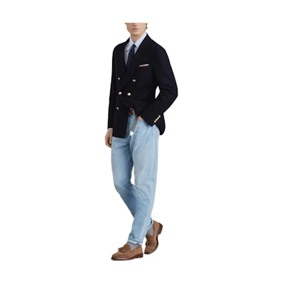 Brunello Cucinelli SS24 Navy Double-Breasted Long Sleeve Jacket MY4487BPDE-C015