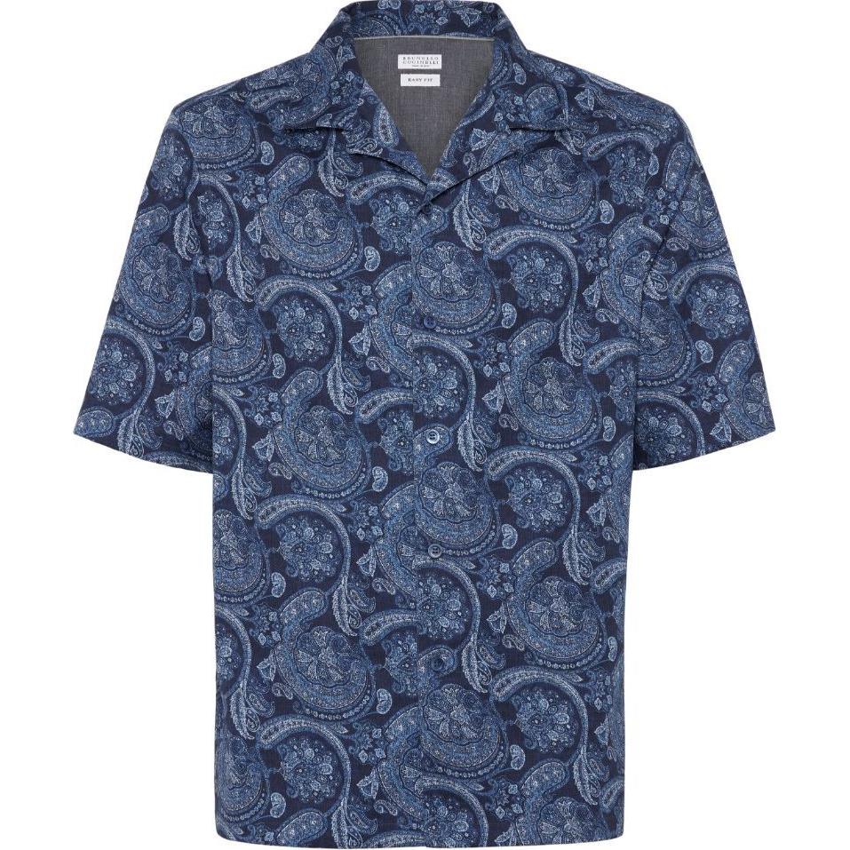 Order Camisa Hombre Manga Corta Azul Marino SS24 Estampado Paisley Brunello Cucinelli MM6640615P-C001