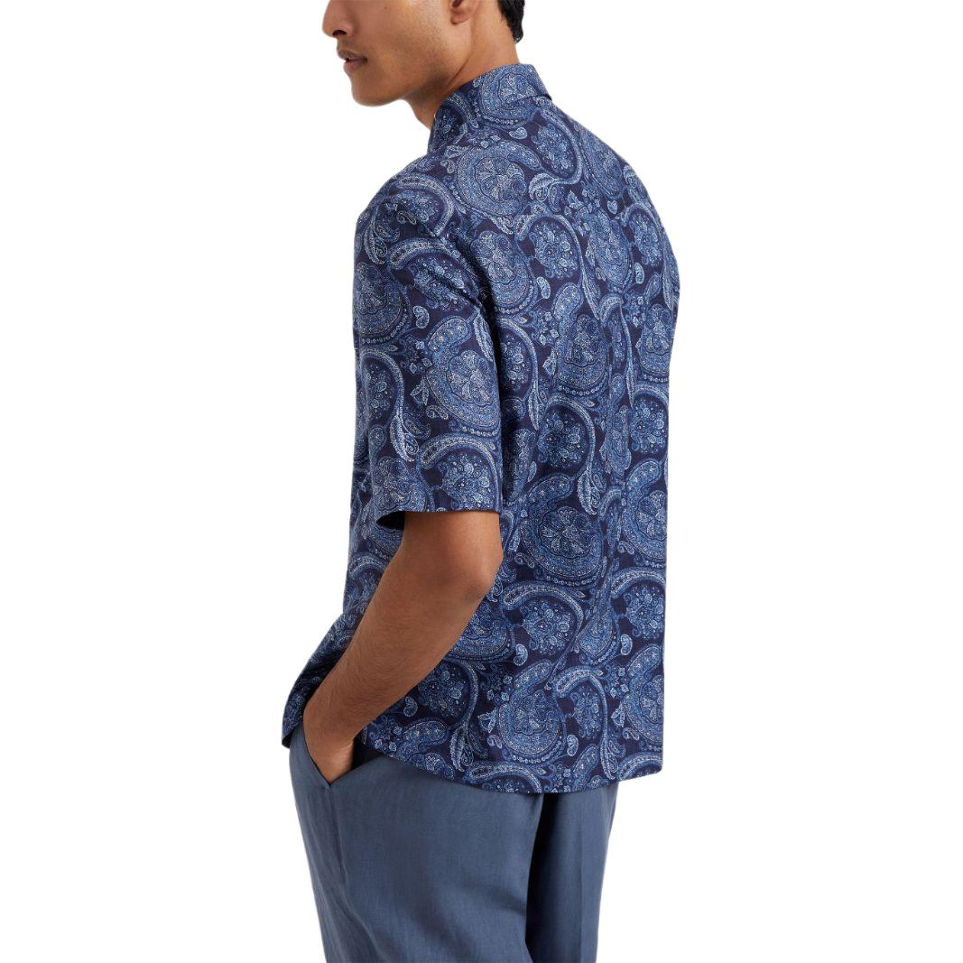 Shop Camisa Hombre Manga Corta Azul Marino SS24 Estampado Paisley Brunello Cucinelli MM6640615P-C001