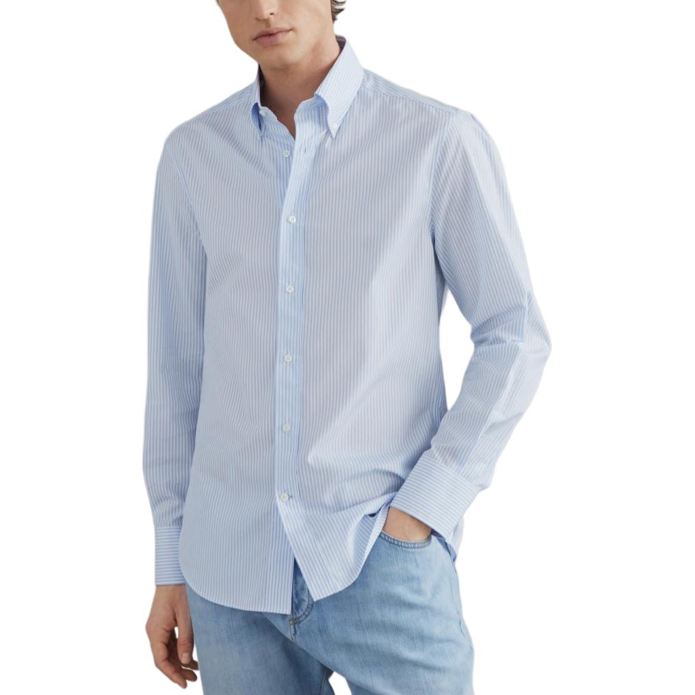 Order Brunello Cucinelli 2024春夏男士修身条纹单扣衬衫天蓝色 MF6981716-C011