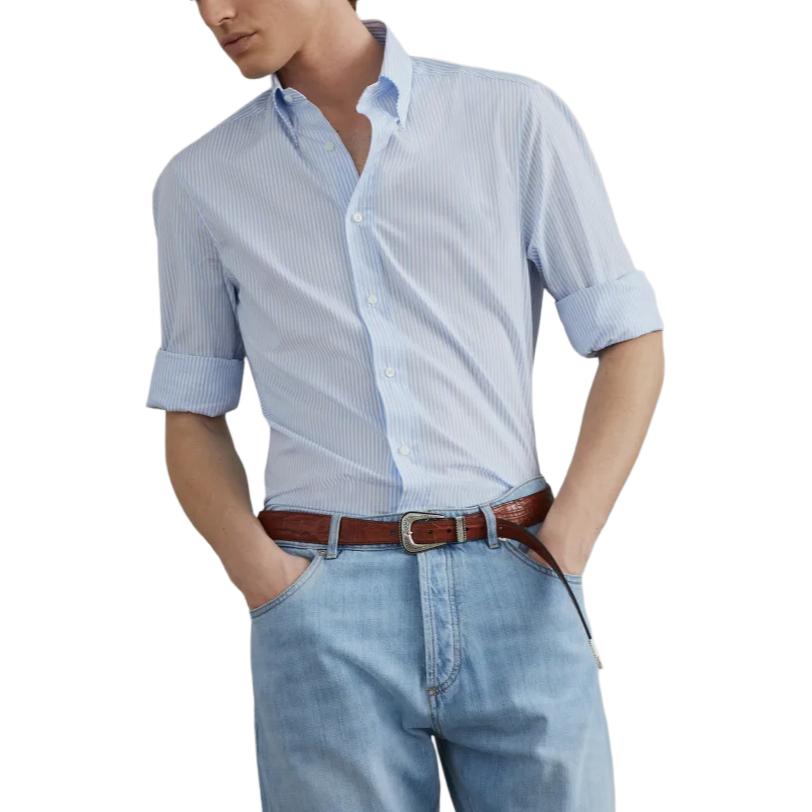 Lookbook Brunello Cucinelli 2024春夏男士修身条纹单扣衬衫天蓝色 MF6981716-C011