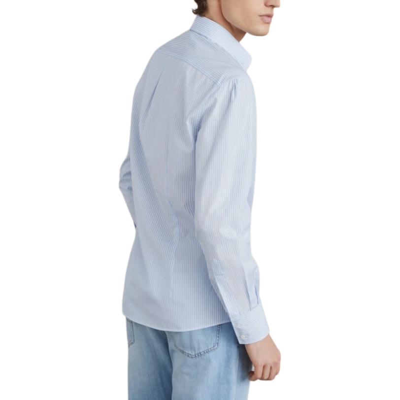 Shop Brunello Cucinelli 2024春夏男士修身条纹单扣衬衫天蓝色 MF6981716-C011