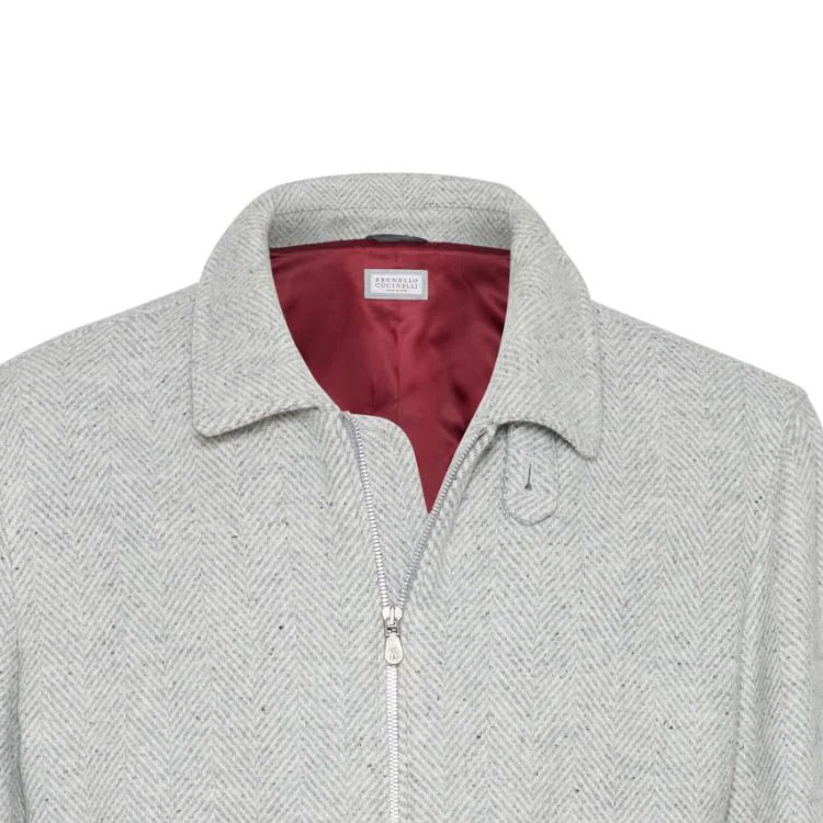 Shop Brunello Cucinelli SS24 男款灰色人字紋拉鍊長袖外套 MY4436379-CSD26