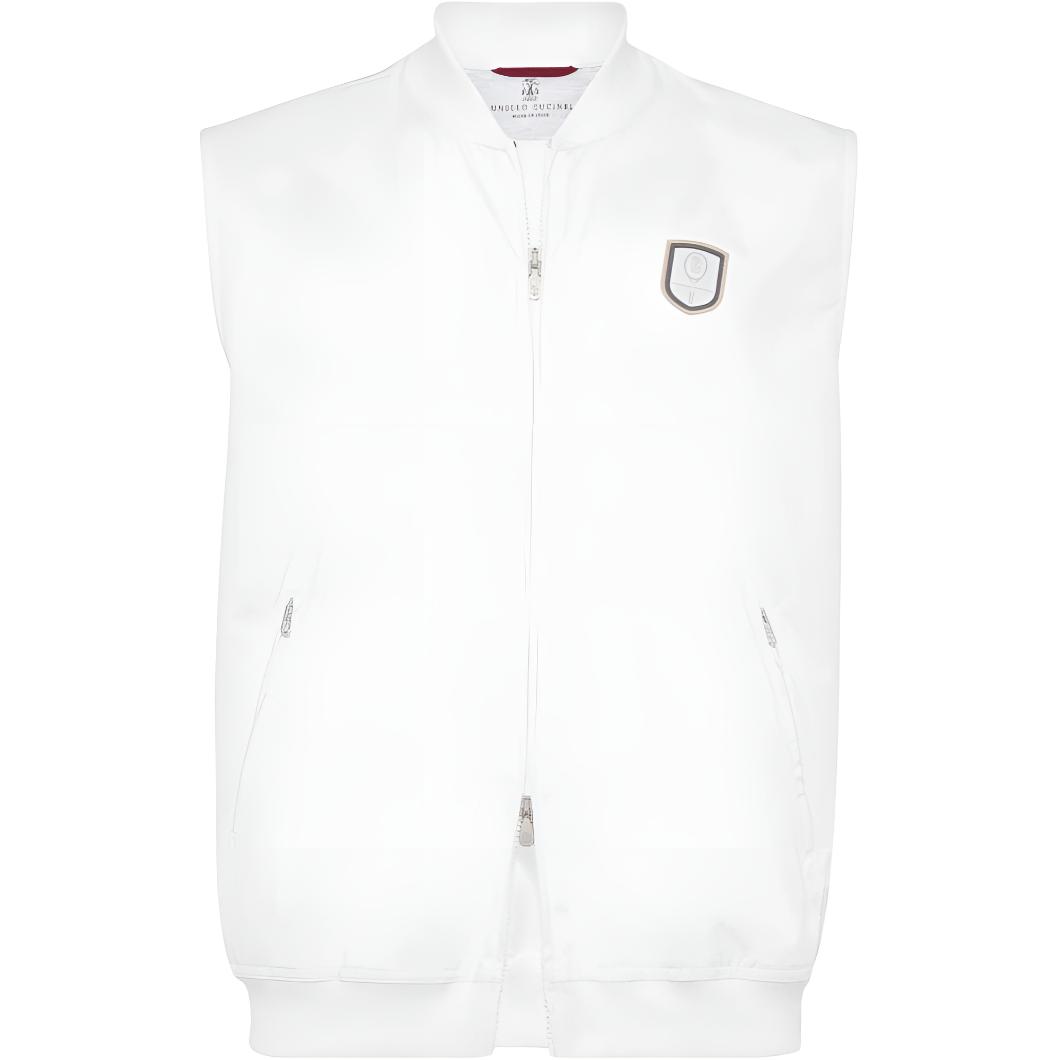 Brunello Cucinelli SS24 Striped Logo Patch Sleeveless Zip Jacket Chalk White Men MB4229081T-CIM65