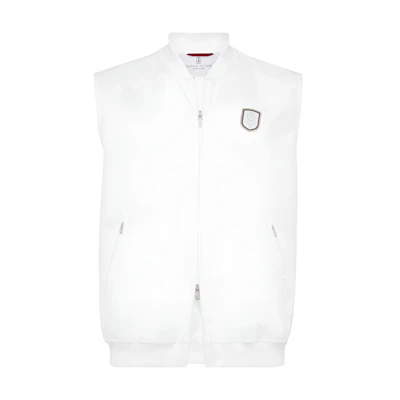 Brunello Cucinelli SS24 Striped Logo Patch Sleeveless Zip Jacket Chalk White Men MB4229081T-CIM65