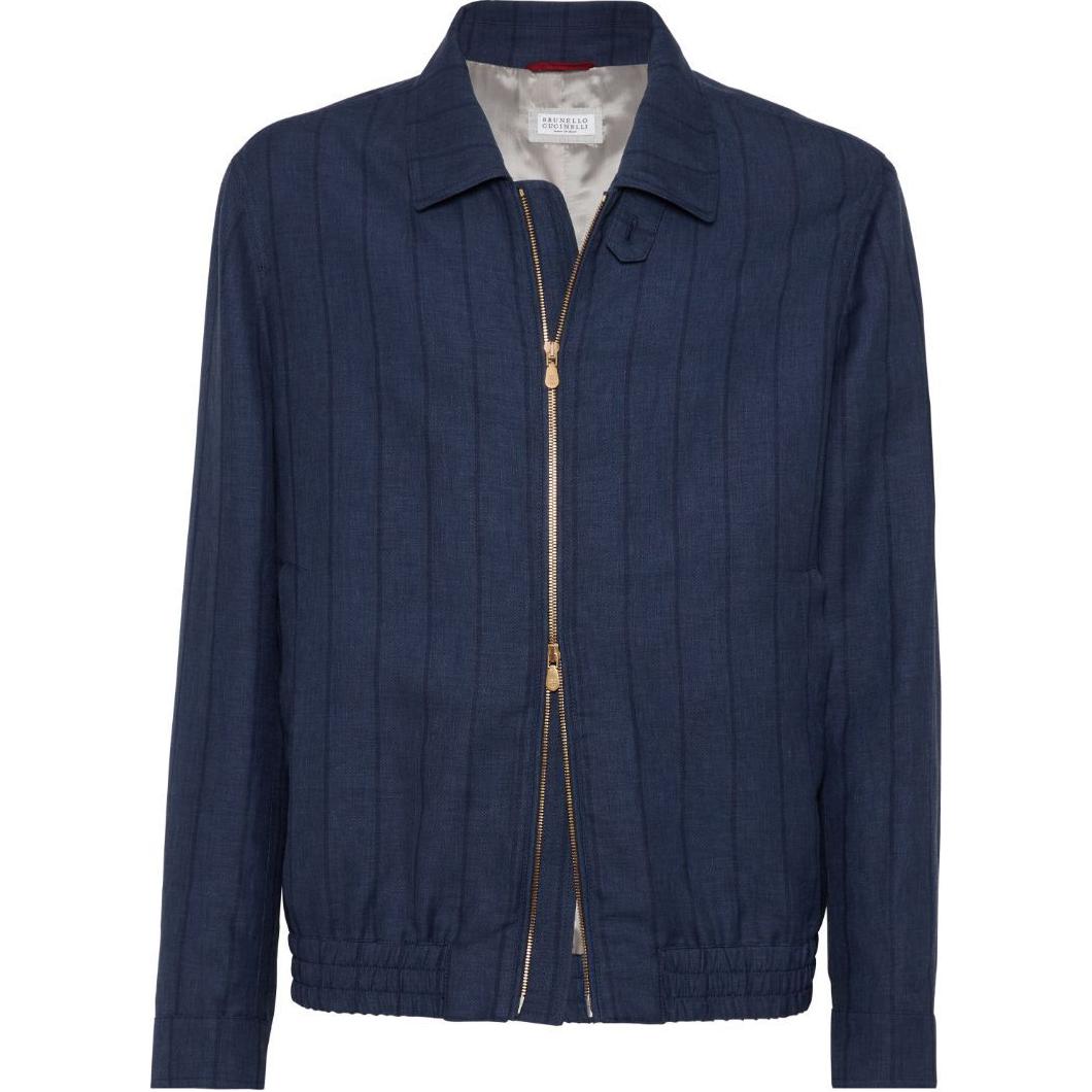 Brunello Cucinelli SS24 Striped Zip-Collar Long-Sleeve Jacket Navy Blue Men MW4756205P-C674