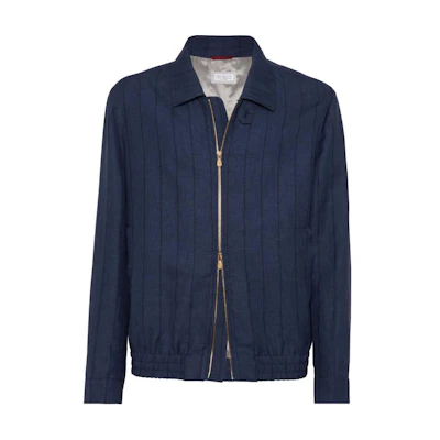 Brunello Cucinelli SS24 Striped Zip-Collar Long-Sleeve Jacket Navy Blue Men MW4756205P-C674