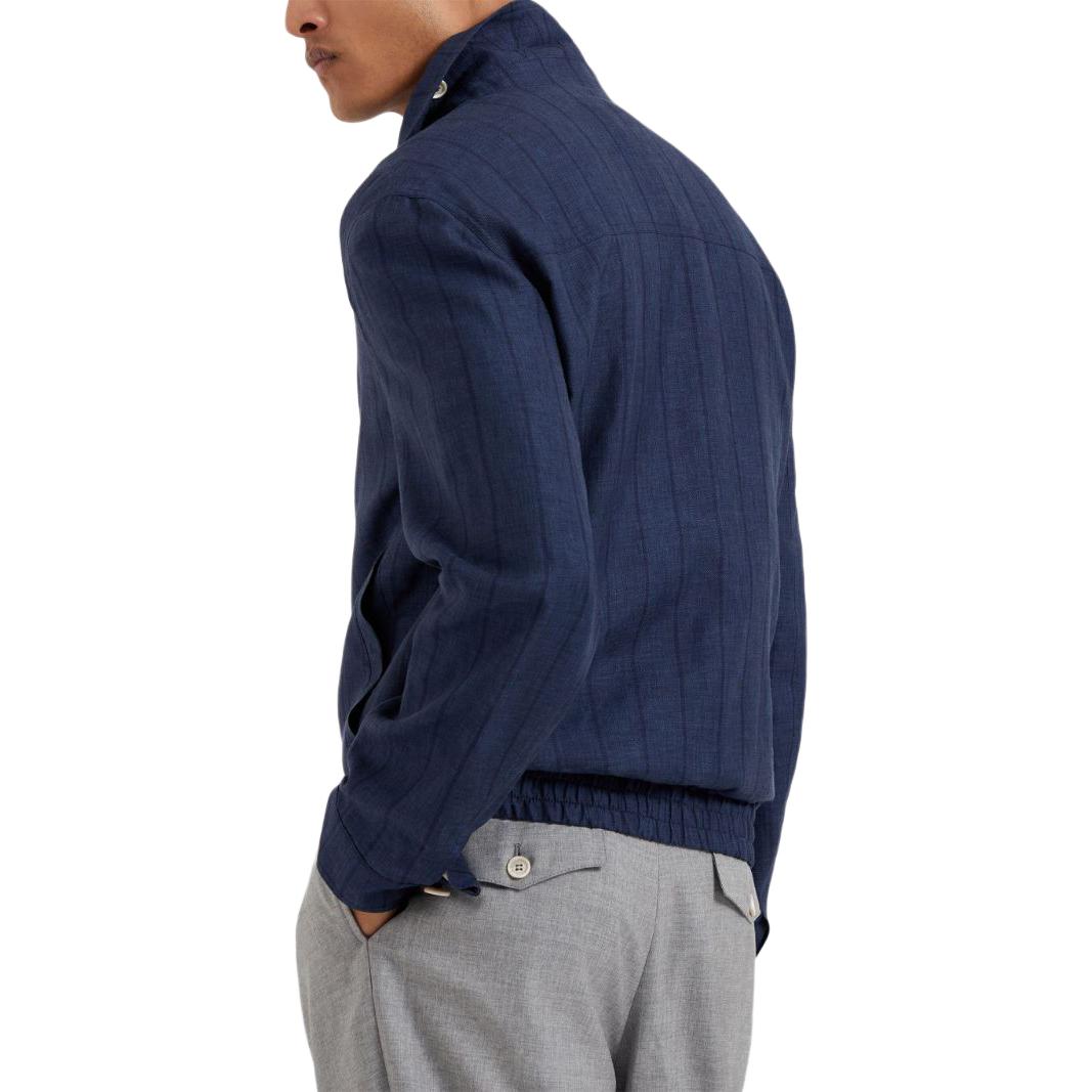 Shop Brunello Cucinelli SS24 條紋拉鍊領長袖外套 男款海軍藍 MW4756205P-C674