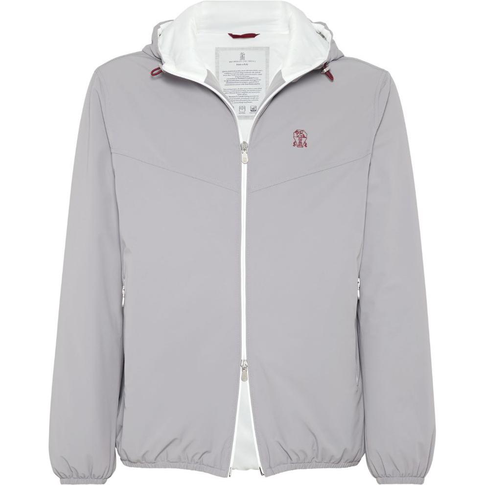 Brunello Cucinelli SS24 Waterproof Hooded Jacket with Logo Badge Light Grey Men’s MM40A7431G-CLB82