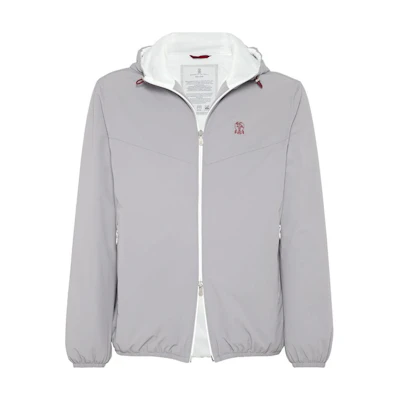 Brunello Cucinelli SS24 Waterproof Hooded Jacket with Logo Badge Light Grey Men’s MM40A7431G-CLB82