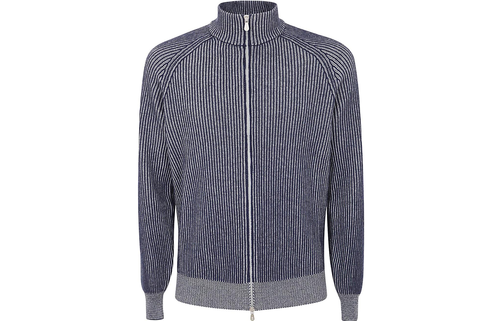 Brunello Cucinelli Striped Zip-Up High Collar Sweatshirt Ocean Gray M22700506093-CS095