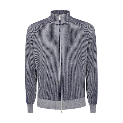 Brunello Cucinelli Striped Zip-Up High Collar Sweatshirt Ocean Gray M22700506093-CS095