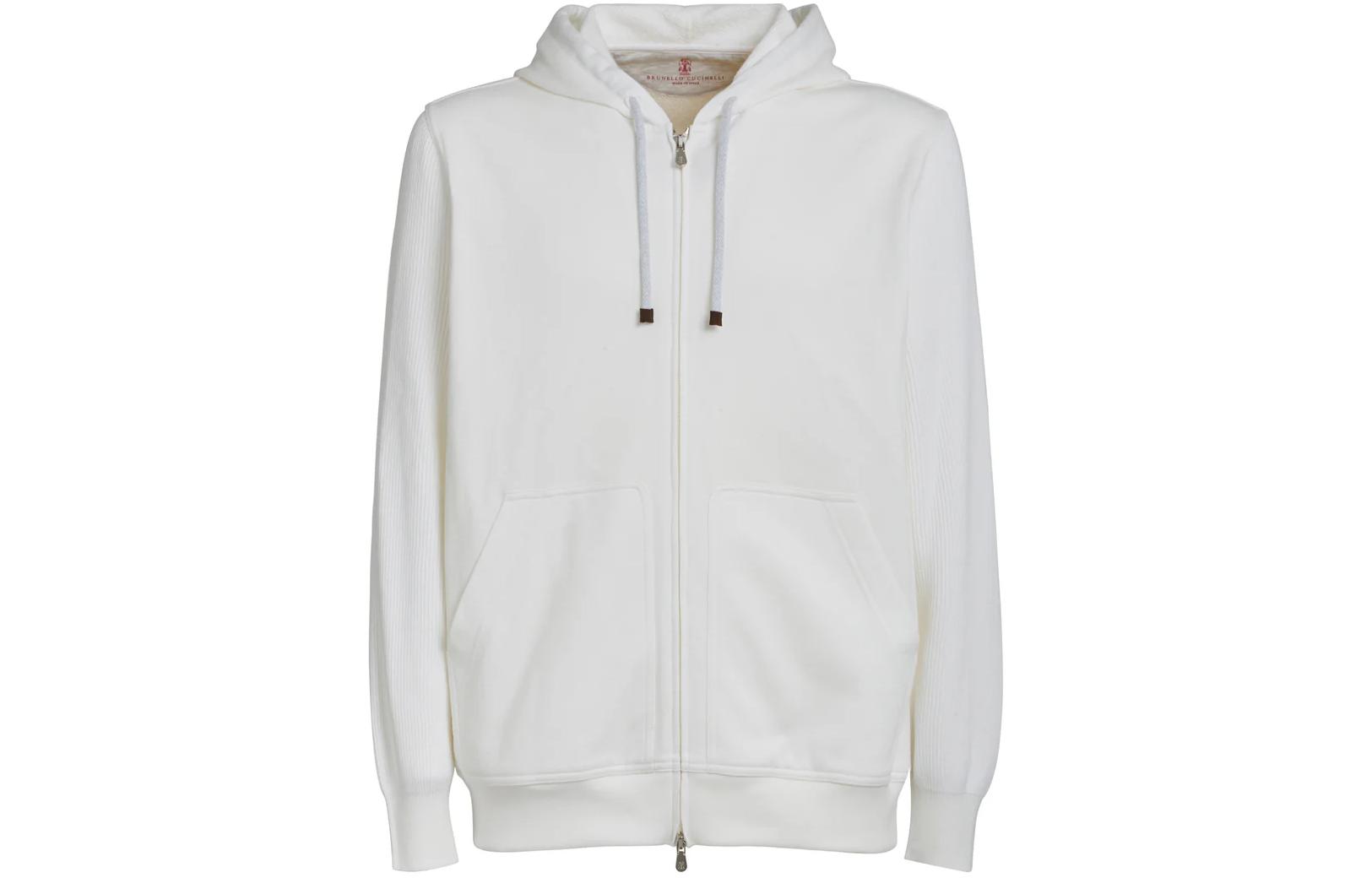 Brunello Cucinelli White Solid Color Hooded Zip-Up Jacket MW8489054G-C7220