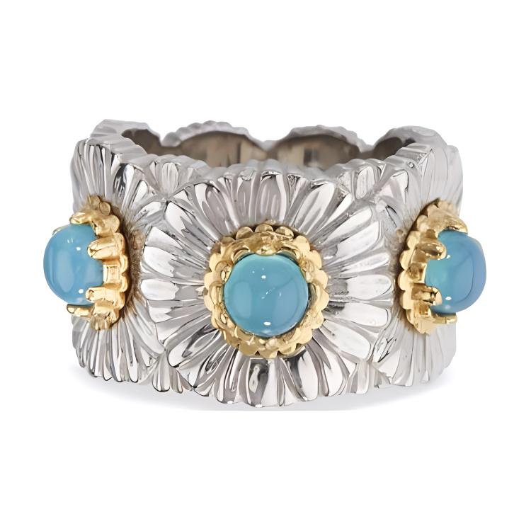 BUCCELLATI Blossoms Daisy Ring Silver/Blue Agate Unisex Couple Jewelry. JAGETE021326