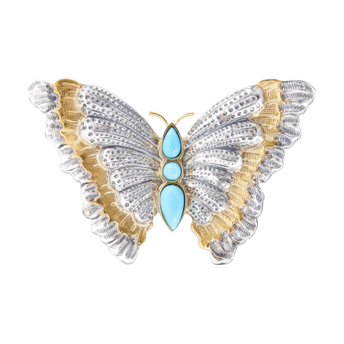 Buccellati Butterfly Design Turquoise Silver Brooch Unisex Couple Style Silver. JAGBRO023420