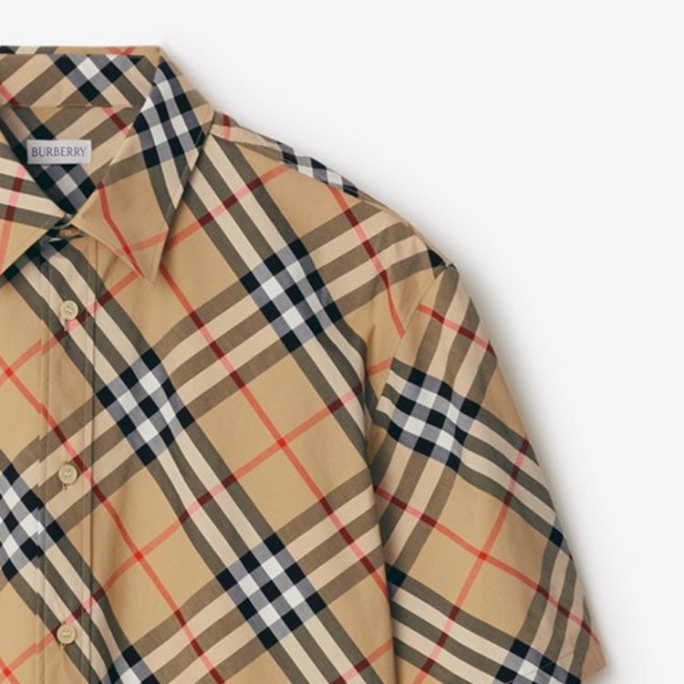 Burberry  Beige Check Print Single-Breasted Short-Sleeve Shirt. 80876371 圖 8