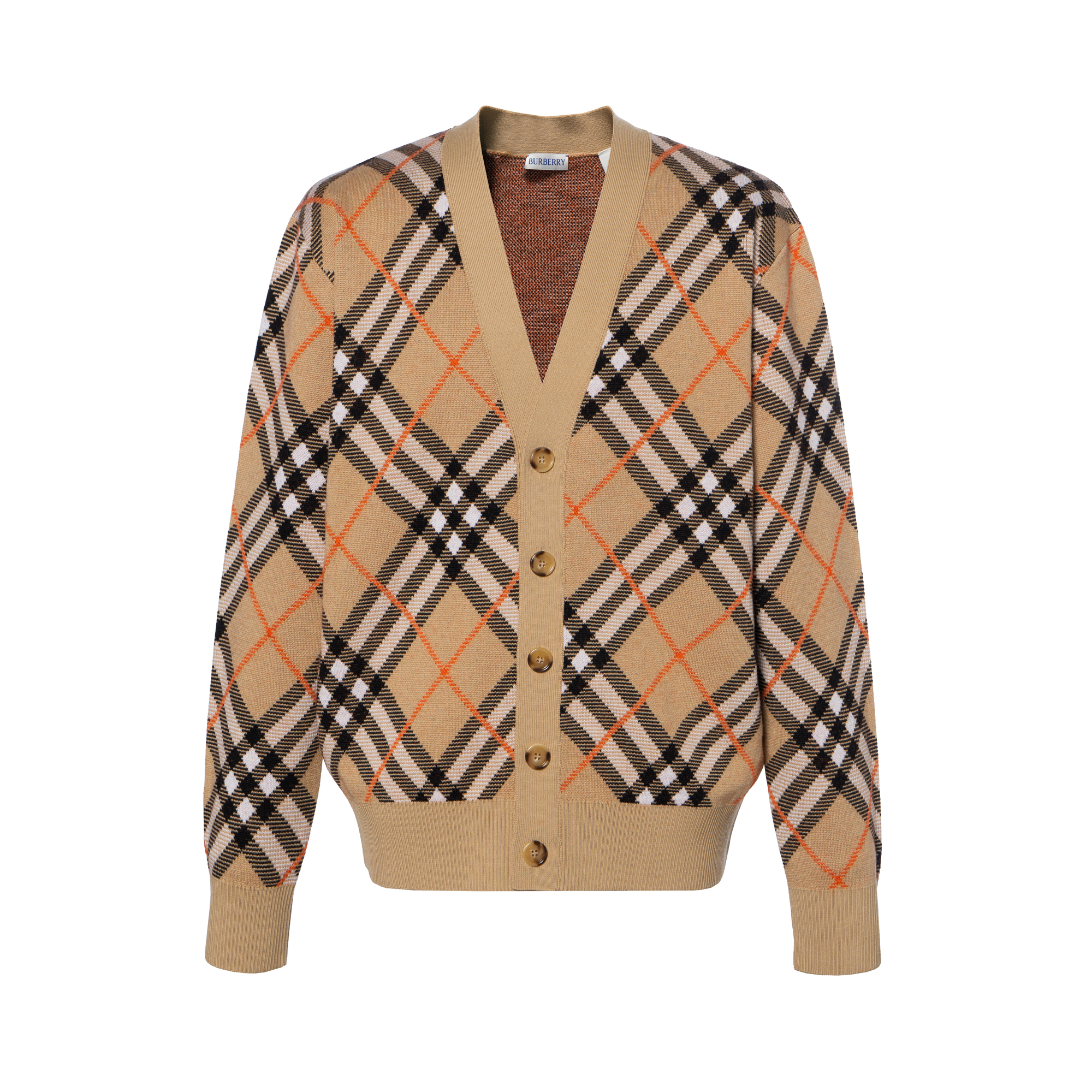 Burberry  Beige Check V-Neck Buttoned Long-Sleeve Knit Cardigan 80934941