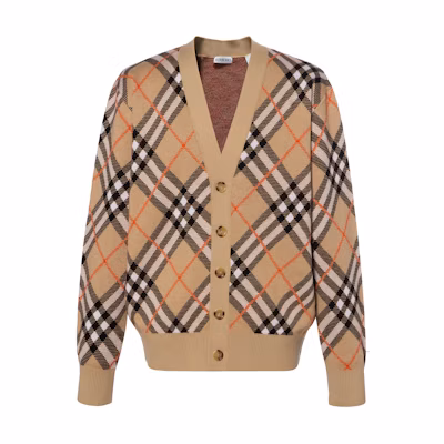 Burberry Beige Check V-Neck Buttoned Long-Sleeve Knit Cardigan 80934941