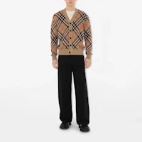 Shop Burberry Beige Check V-Neck Buttoned Long-Sleeve Knit Cardigan 80934941