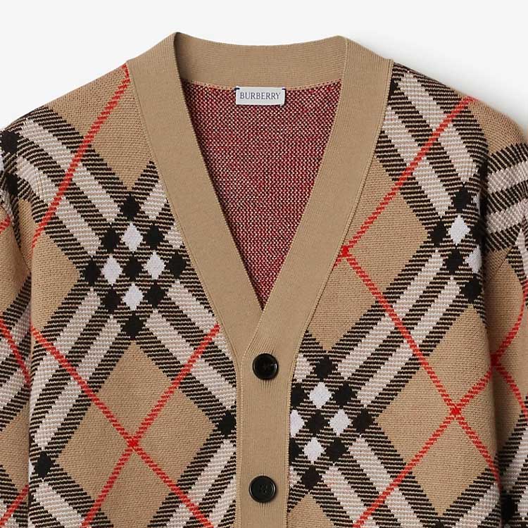 Cheap Burberry Kardigan Rajut Lengan Panjang V-Neck Beige Check dengan Kancing 80934941