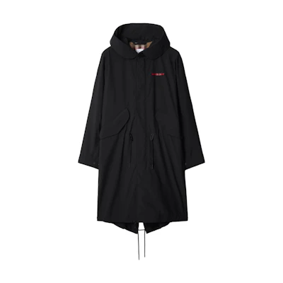 Burberry Black Logo Print Hooded Long Sleeve Coat in Solid Color. 80842281