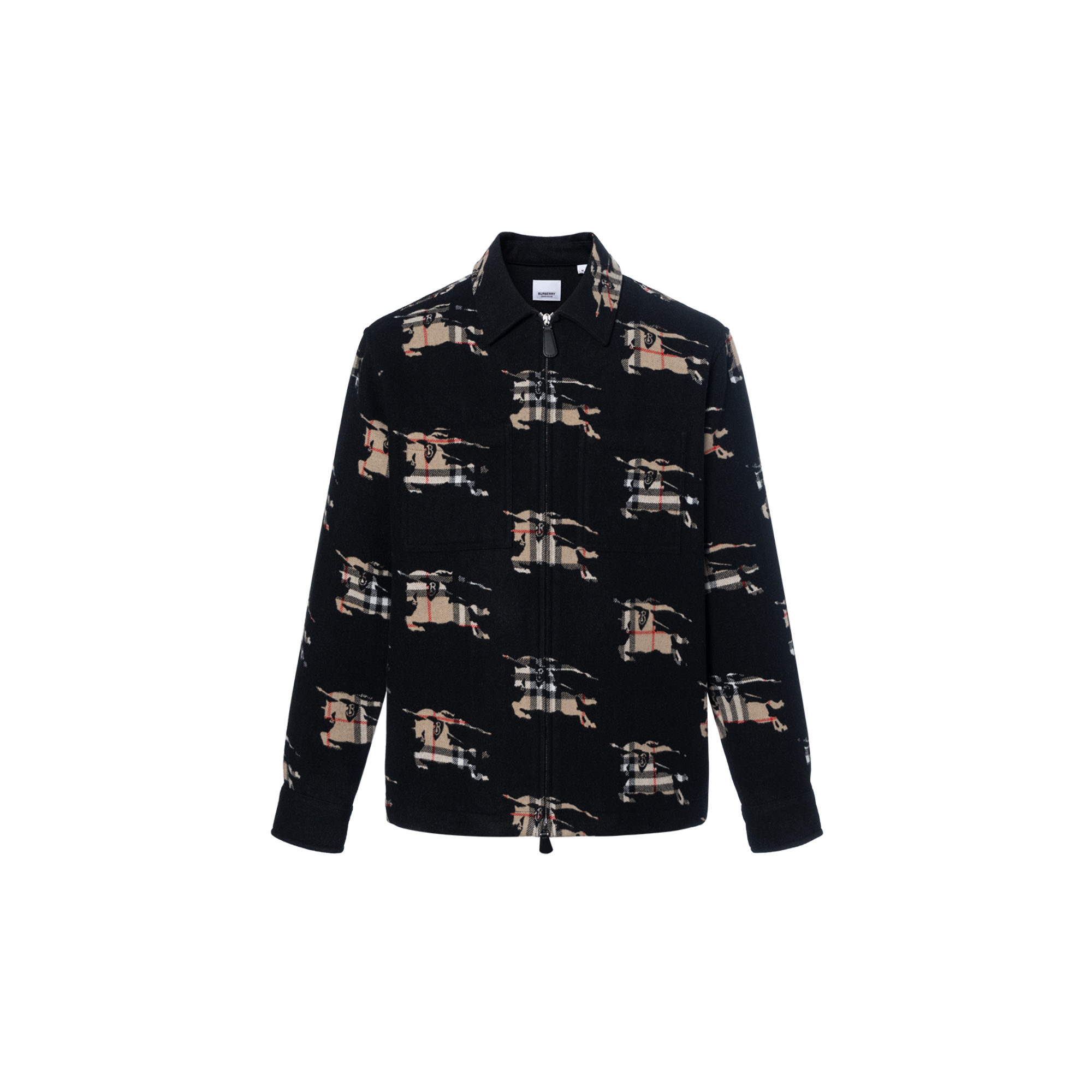 Burberry  Black Long-Sleeve Zip Shirt with Patchwork Check Design. 80709581