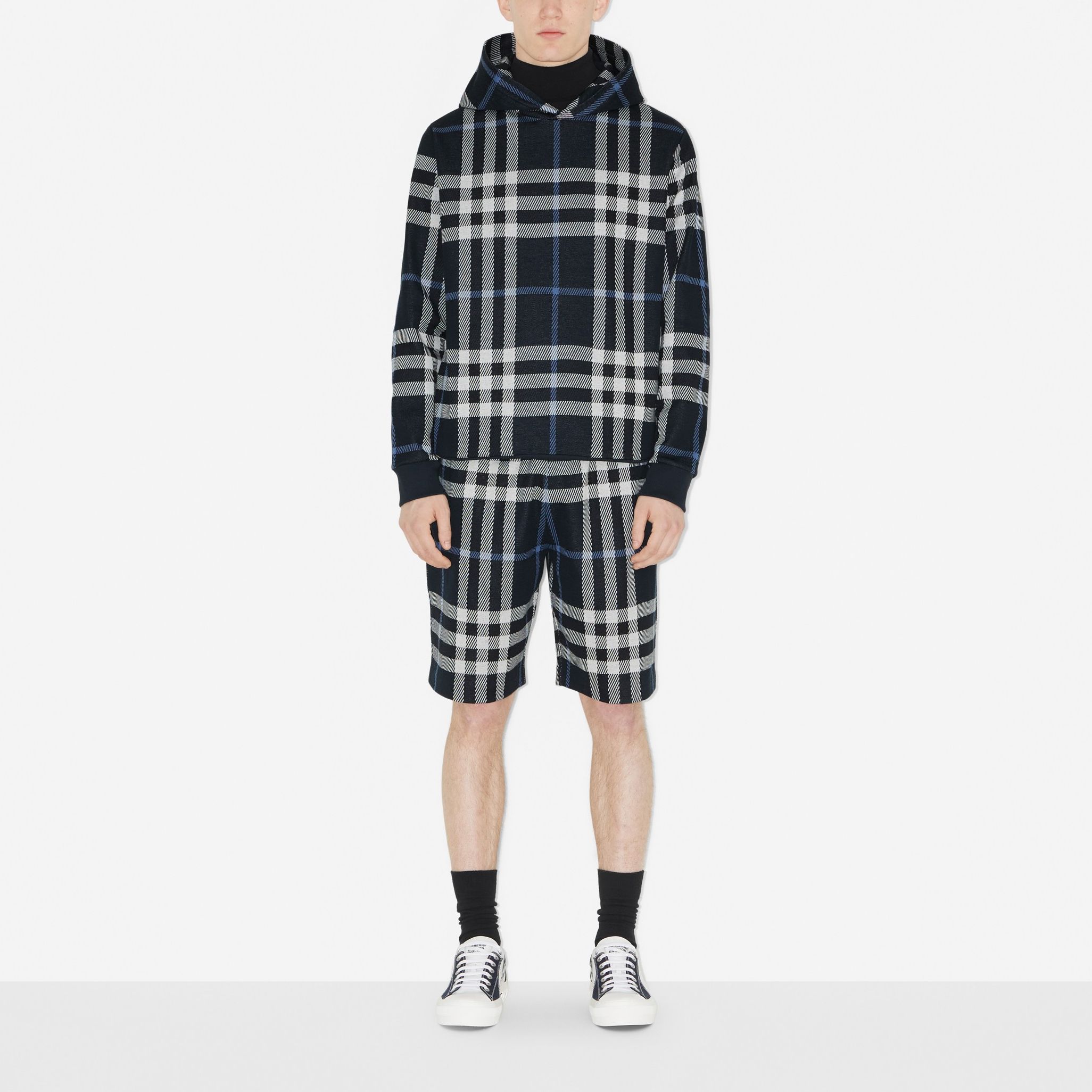 Shop Burberry  Blue Check Jacquard Hoodie Long Sleeve Sweatshirt 80706691