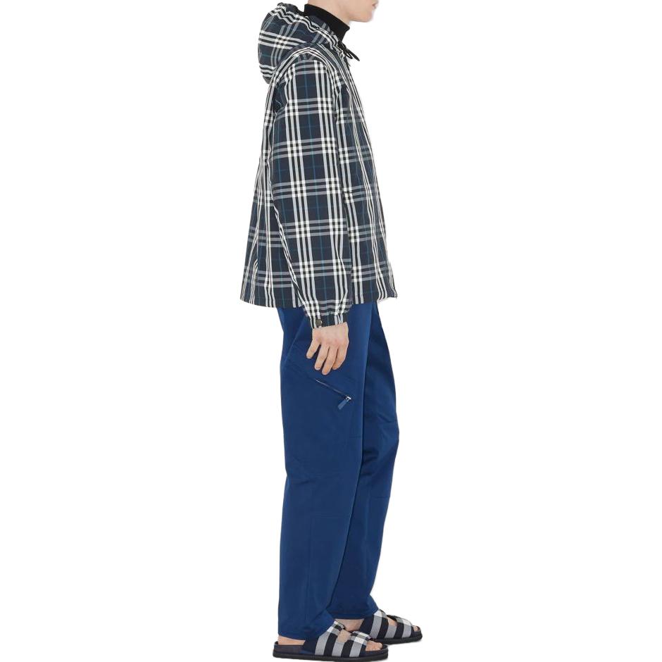 Shop Burberry  Blue Checkered Hooded Long-Sleeve Casual Jacket 80708711