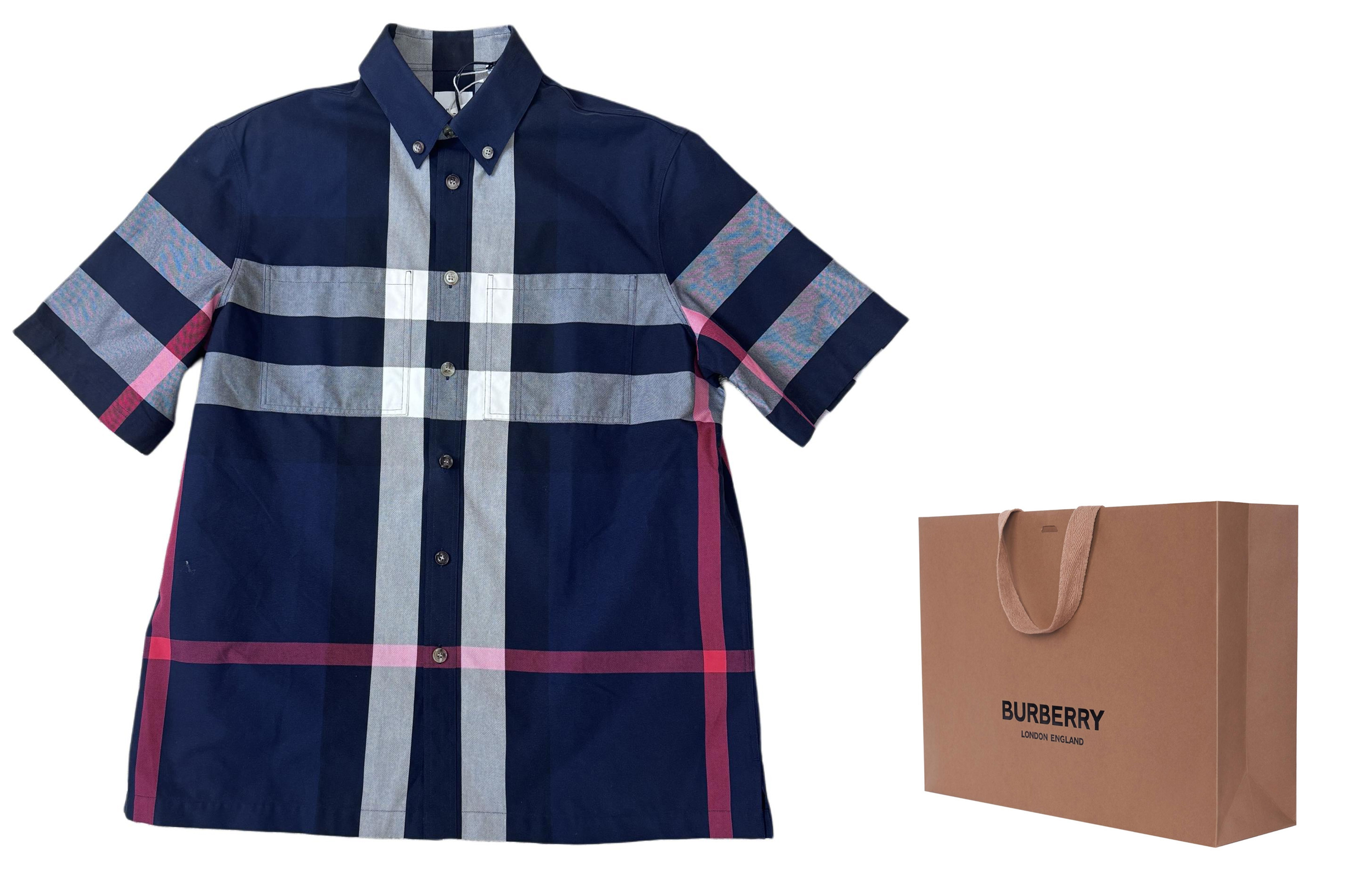 Lookbook 버버리 블루 컬러블록 체크 반팔 셔츠. 80735051