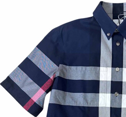 버버리 블루 컬러블록 체크 반팔 셔츠. 80735051 Details for 버버리 블루 컬러블록 체크 반팔 셔츠. 80735051