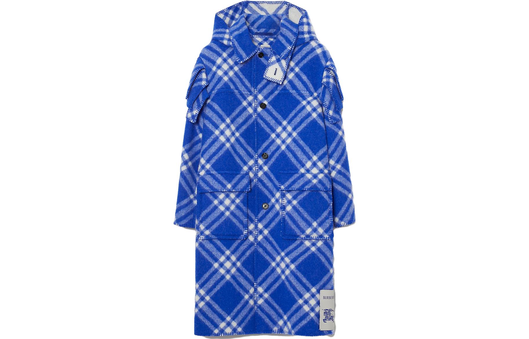 Burberry  Blue Hooded Plaid Wool Coat with Pockets and Long Sleeves 80789131